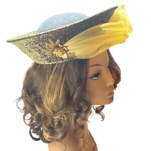Vintage Cocktail/Derby hat black and gold with a yellow tulle accent